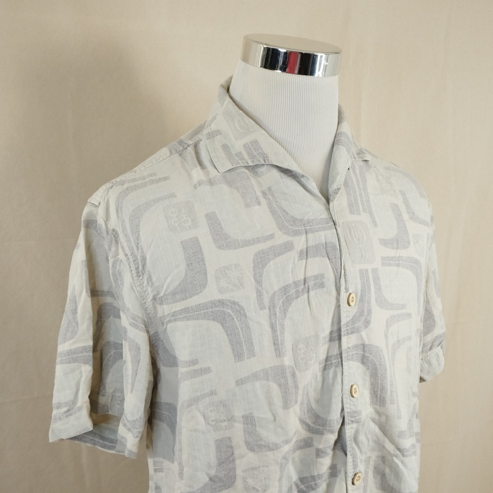 Tommy Bahama Medium 100% Silk Hawaiian Shirt Cream Geometric Silk Camp Mens